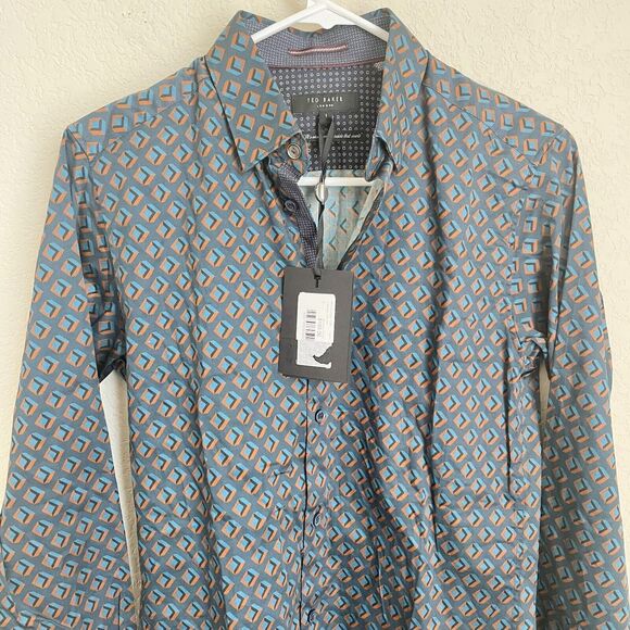 Ted Baker London Mens Long Sleeve Argyle Pattern Button Up Shirt Blue Size 1 - Picture 2 of 11